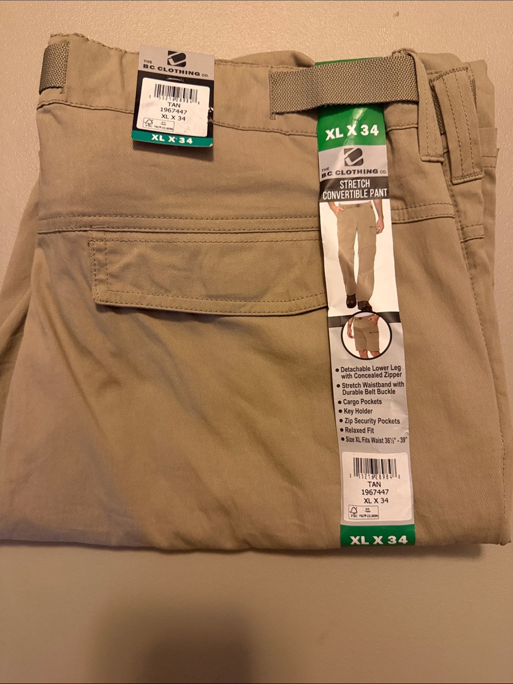 BC Clothing Stretch Convertible Cargo Pants - Tan, XL 34